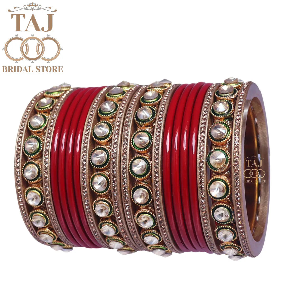 Rajasthani Lac Chura With Beautiful White Stone Work Metal Kada
