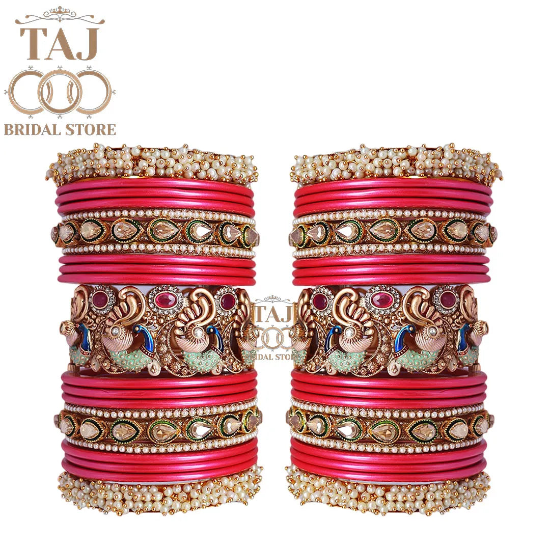 Rajasthani Traditional Bridal Chuda Set With Beautiful Peacock Design Brass Kada