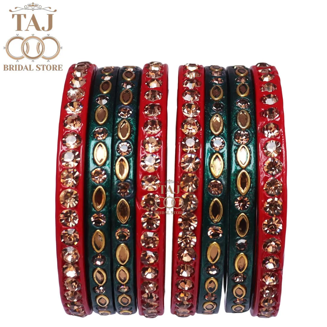 Marwadi Short Lac Chura With Beautiful White Stone And Kundan Design (Set of 8)