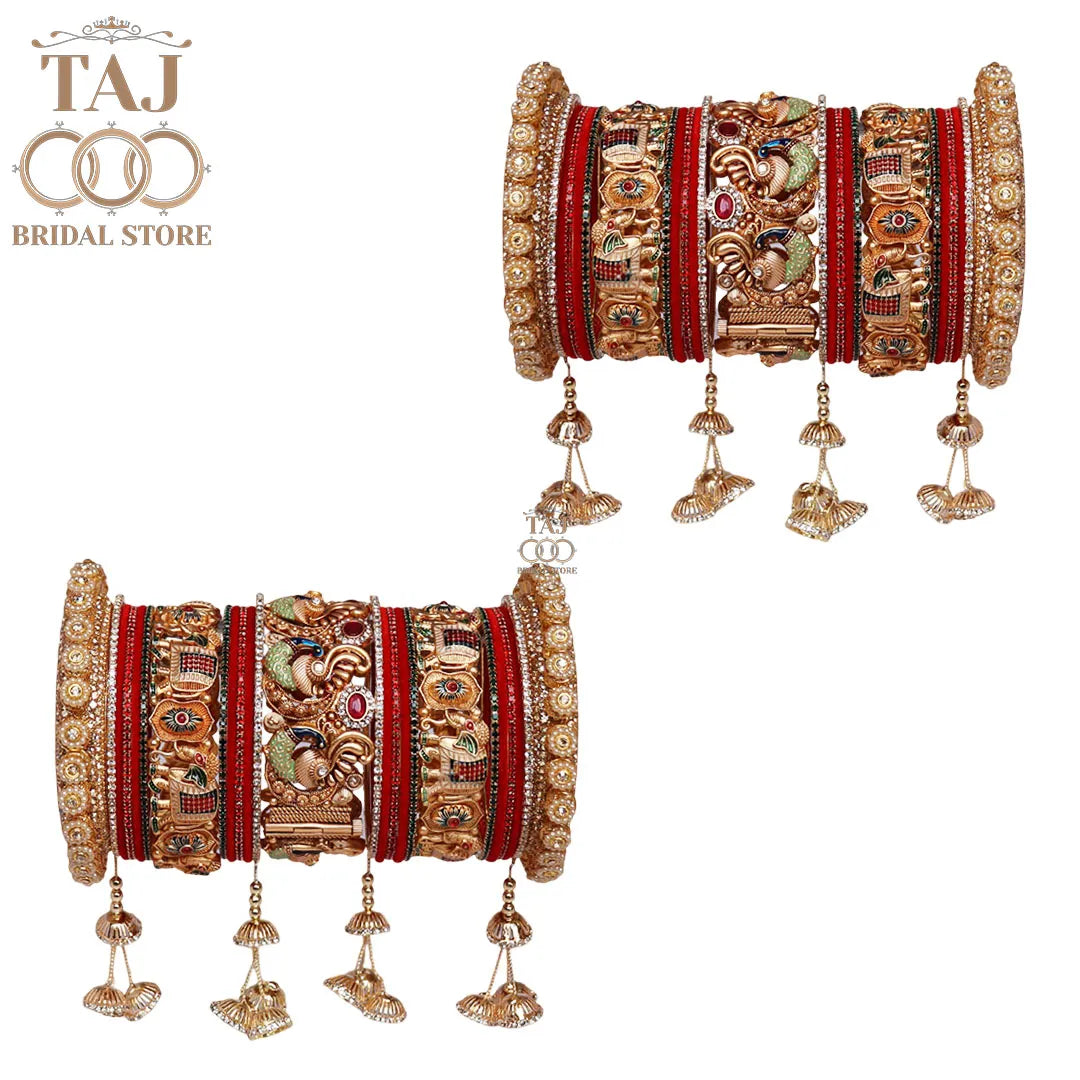 Luxurious Dulhan Bangles Set with Peacock-Elephant and Hanging Design