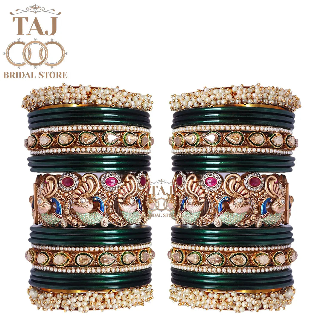 Rajasthani Traditional Bridal Chuda Set With Beautiful Peacock Design Brass Kada