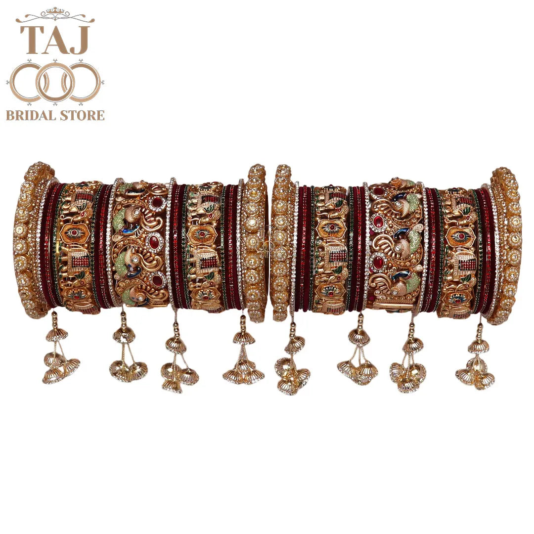 Luxurious Dulhan Bangles Set with Peacock-Elephant and Hanging Design