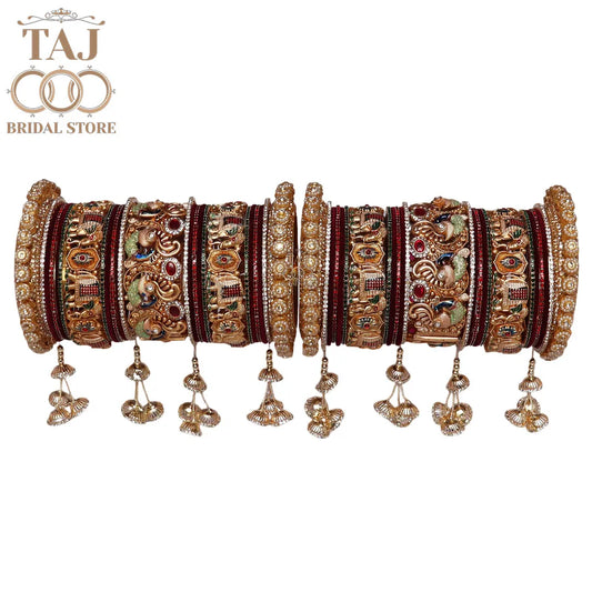 Luxurious Dulhan Bangles Set with Peacock-Elephant and Hanging Design