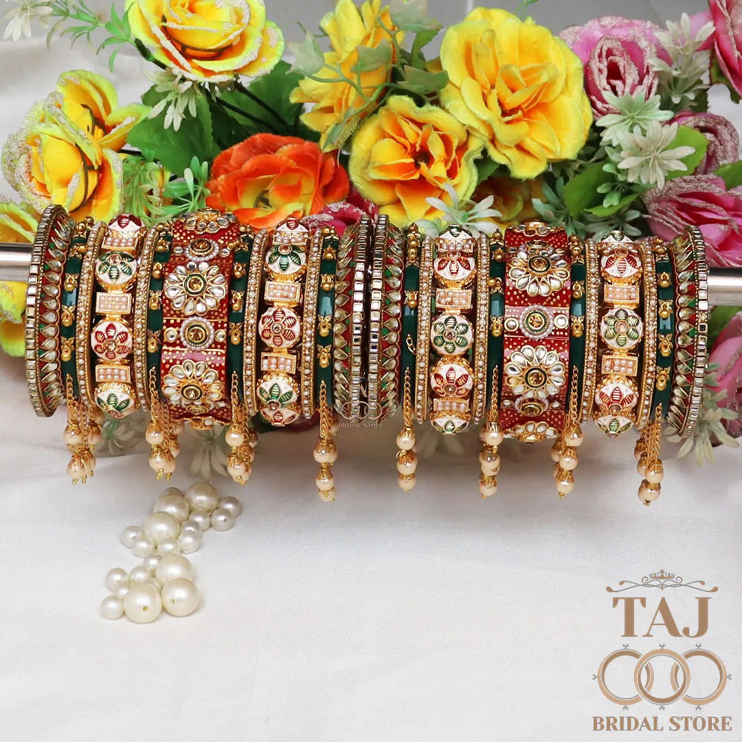 Rajwadi Wedding Bangle Set with Beautiful Moti Latkan Design Taj Bridal Store