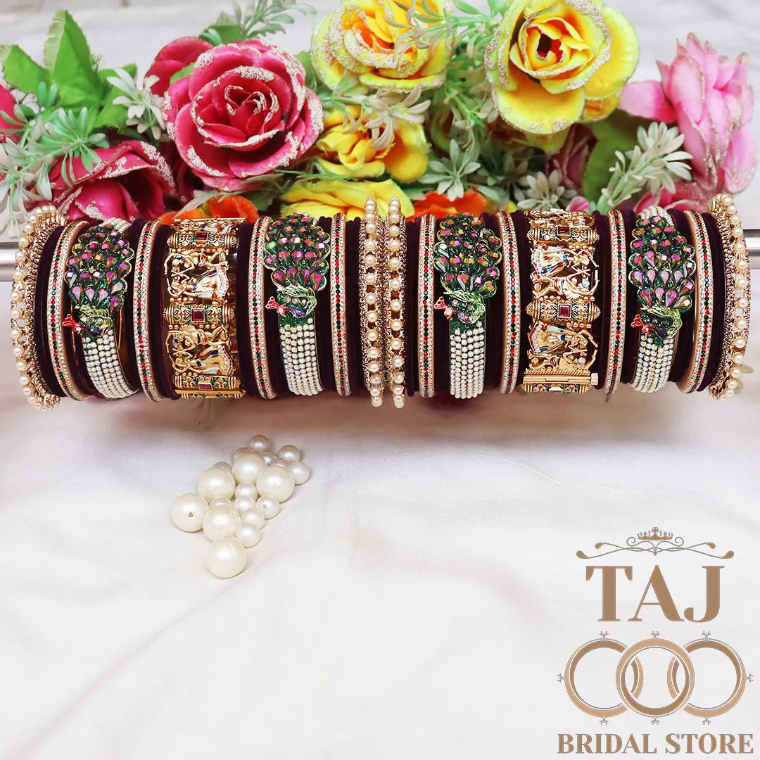 Rajwadi Wedding Chura Set With Beautiful Rainbow Colour Peacock Kada