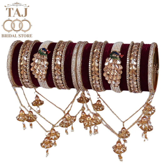Metal Wedding Bangles Set With Beautiful Peacock Design Kada and Chain Latkan