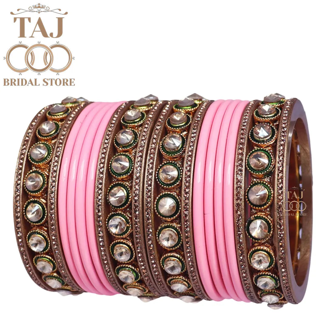 Rajasthani Lac Chura With Beautiful White Stone Work Metal Kada
