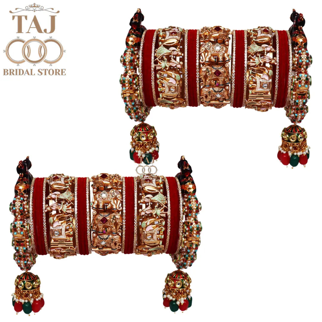Premium Rajwadi Bridal Bangles Set with Elephant and Peacock Motifs