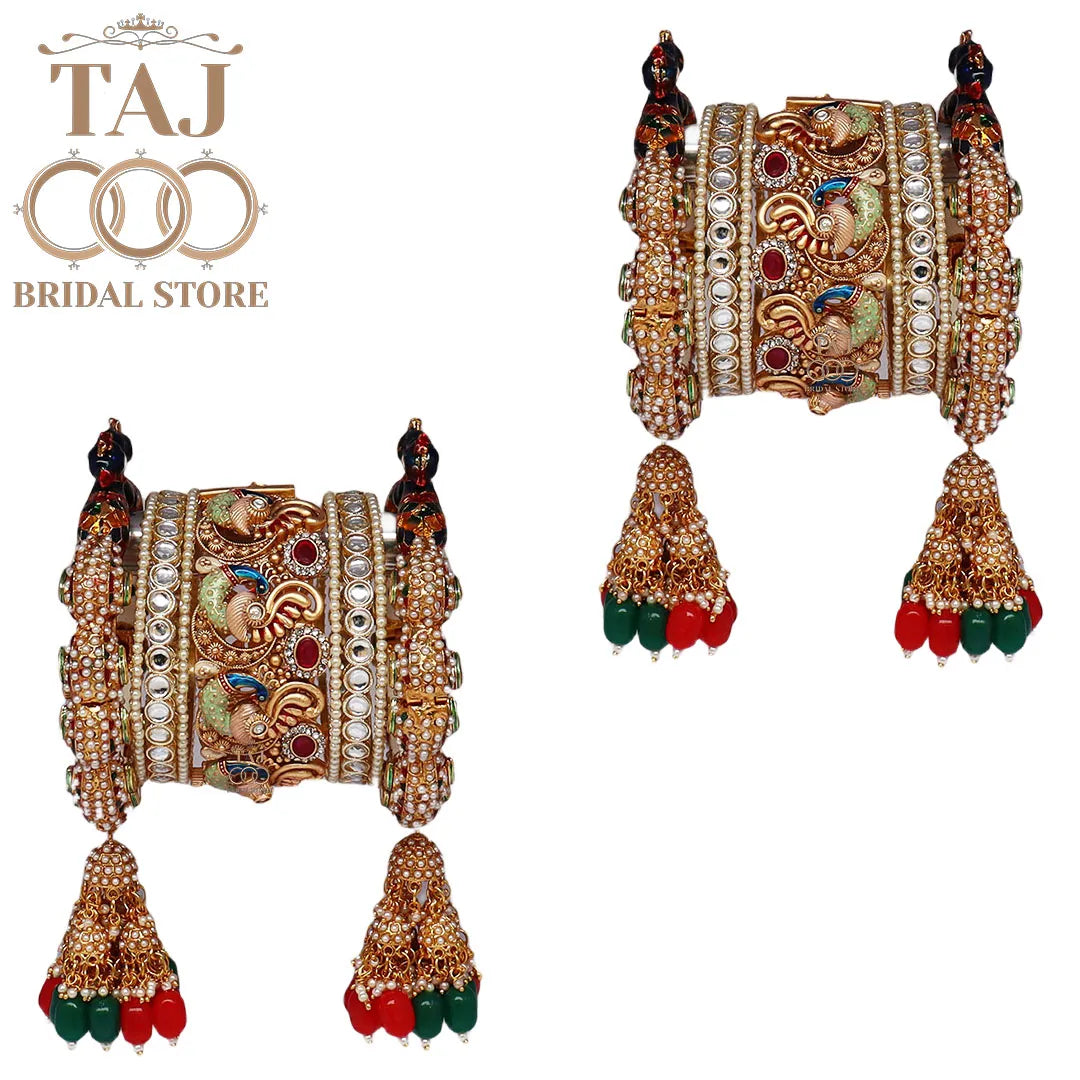 Royal Rajasthani Bangles Set for Bride with Beautiful New Peacock and Jhoomer Design Taj Bridal Store