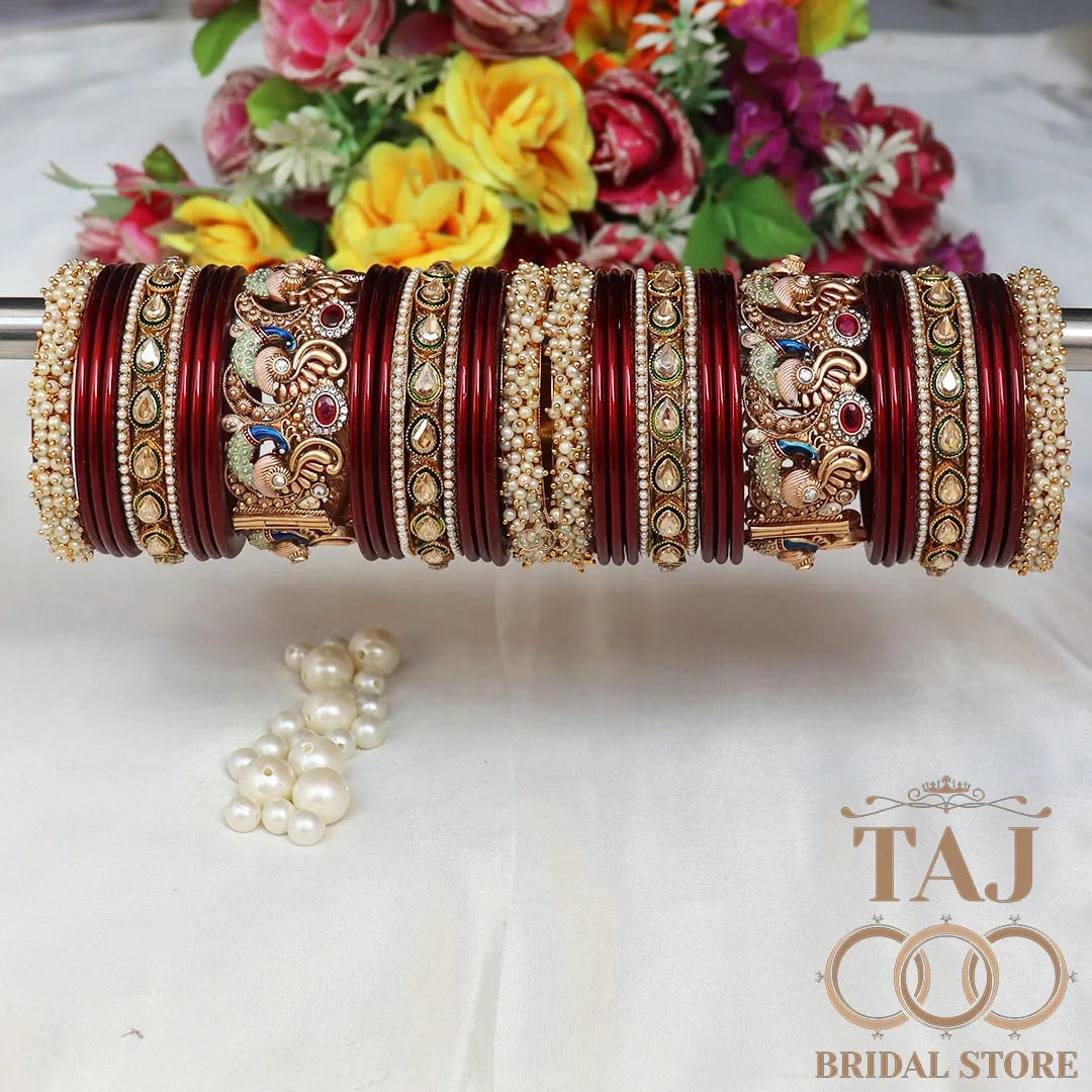 Rajasthani Traditional Bridal Chuda Set With Beautiful Peacock Design Brass Kada