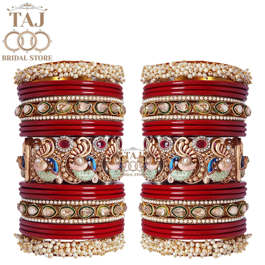 Rajasthani Traditional Bridal Chuda Set With Beautiful Peacock Design Brass Kada