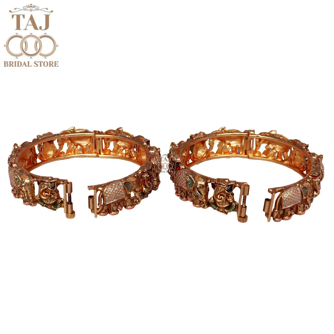 Gold Plated Rajwadi Kada Pair With Divine Ganesh and Elephant Motifs