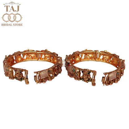 Gold Plated Rajwadi Kada Pair With Divine Ganesh and Elephant Motifs