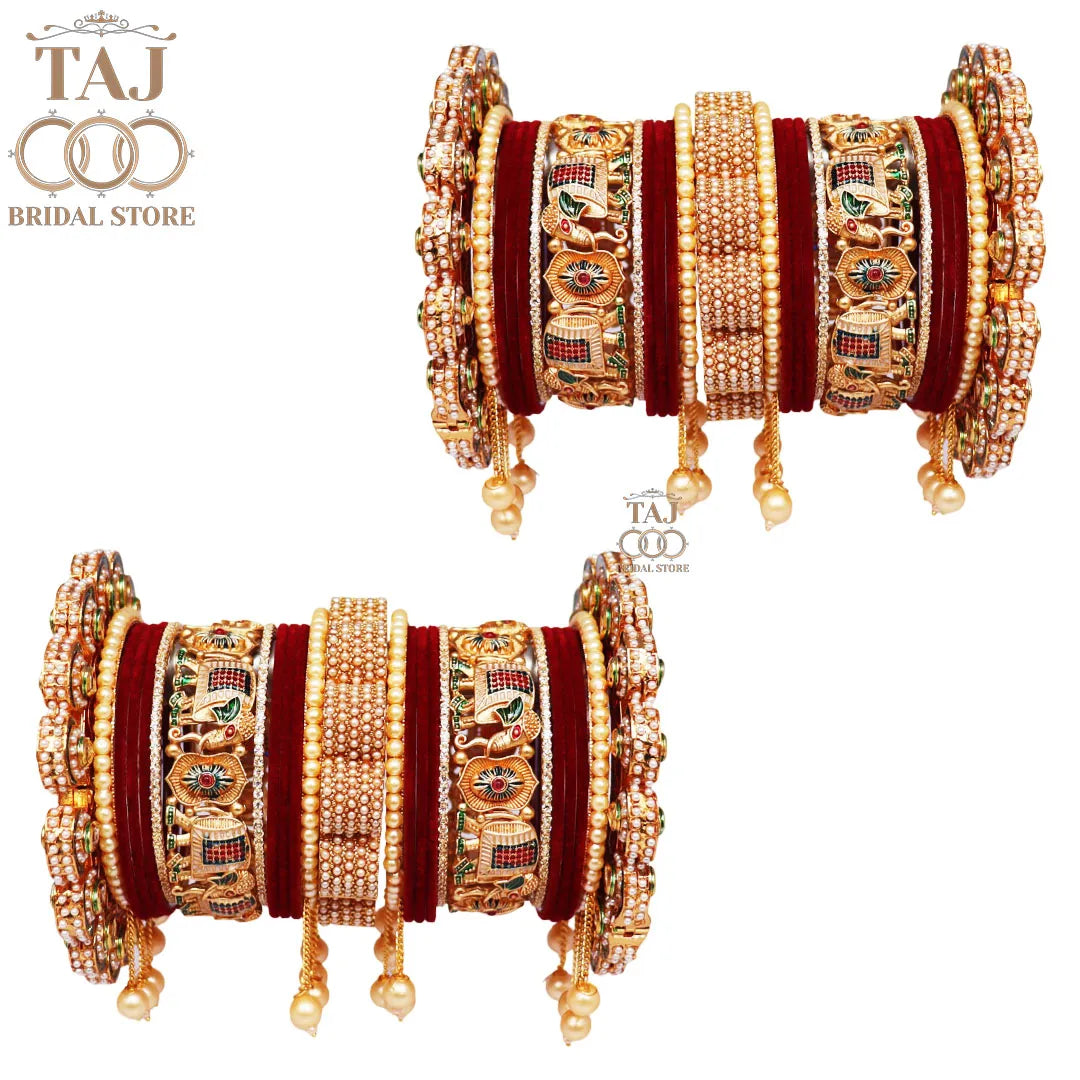 Premium Bridal Bangles Set with New Elephant & Pearls Hanging Design