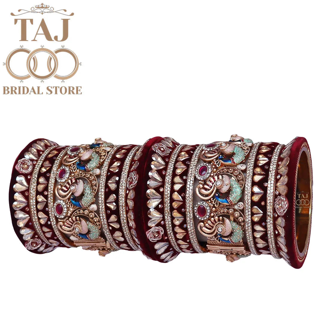 Metal Kundan Design Wedding Bangles Set With Beautiful Peacock Design Kada