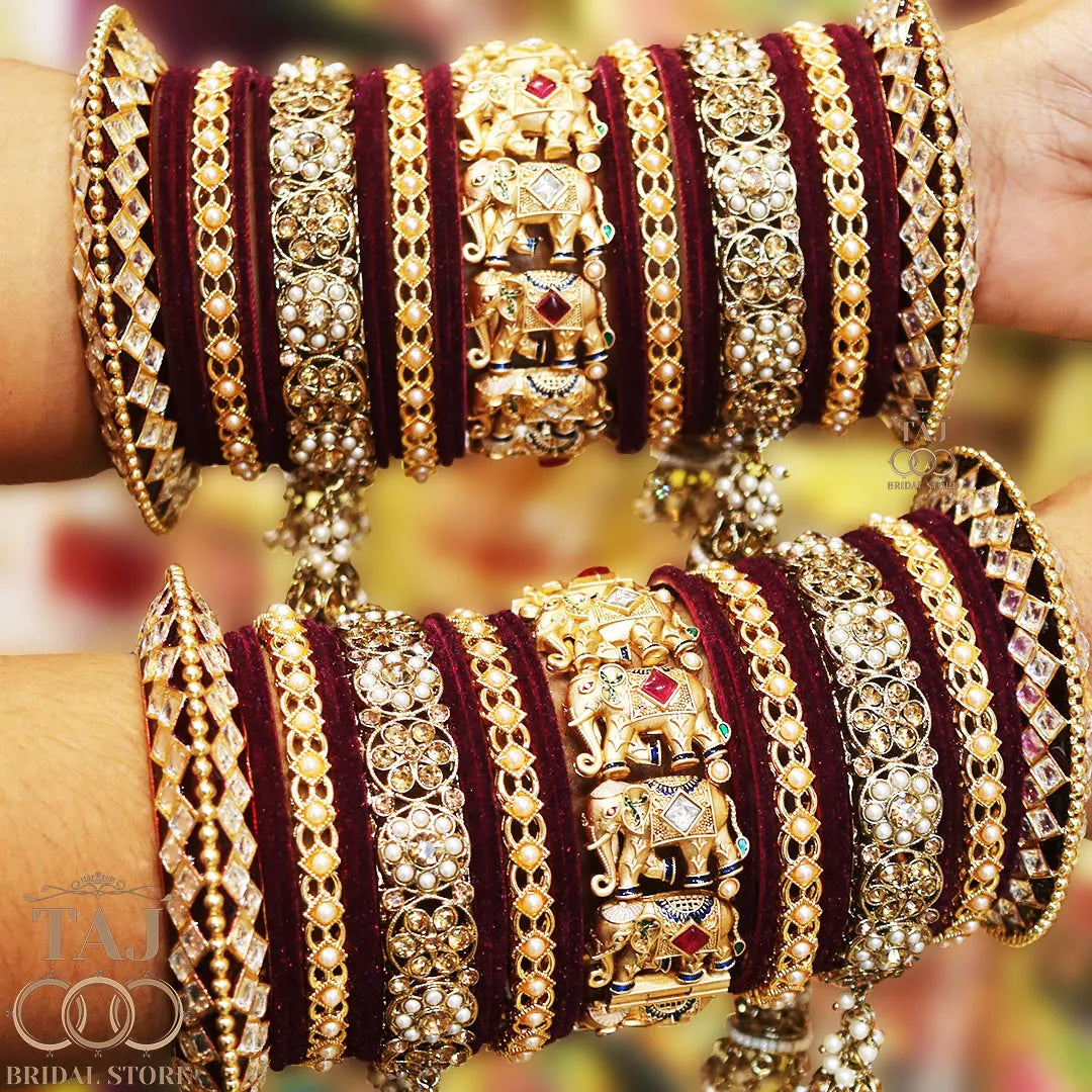 Royal Rajwadi Bangle Set with Elephant Motifs and Jhoomers