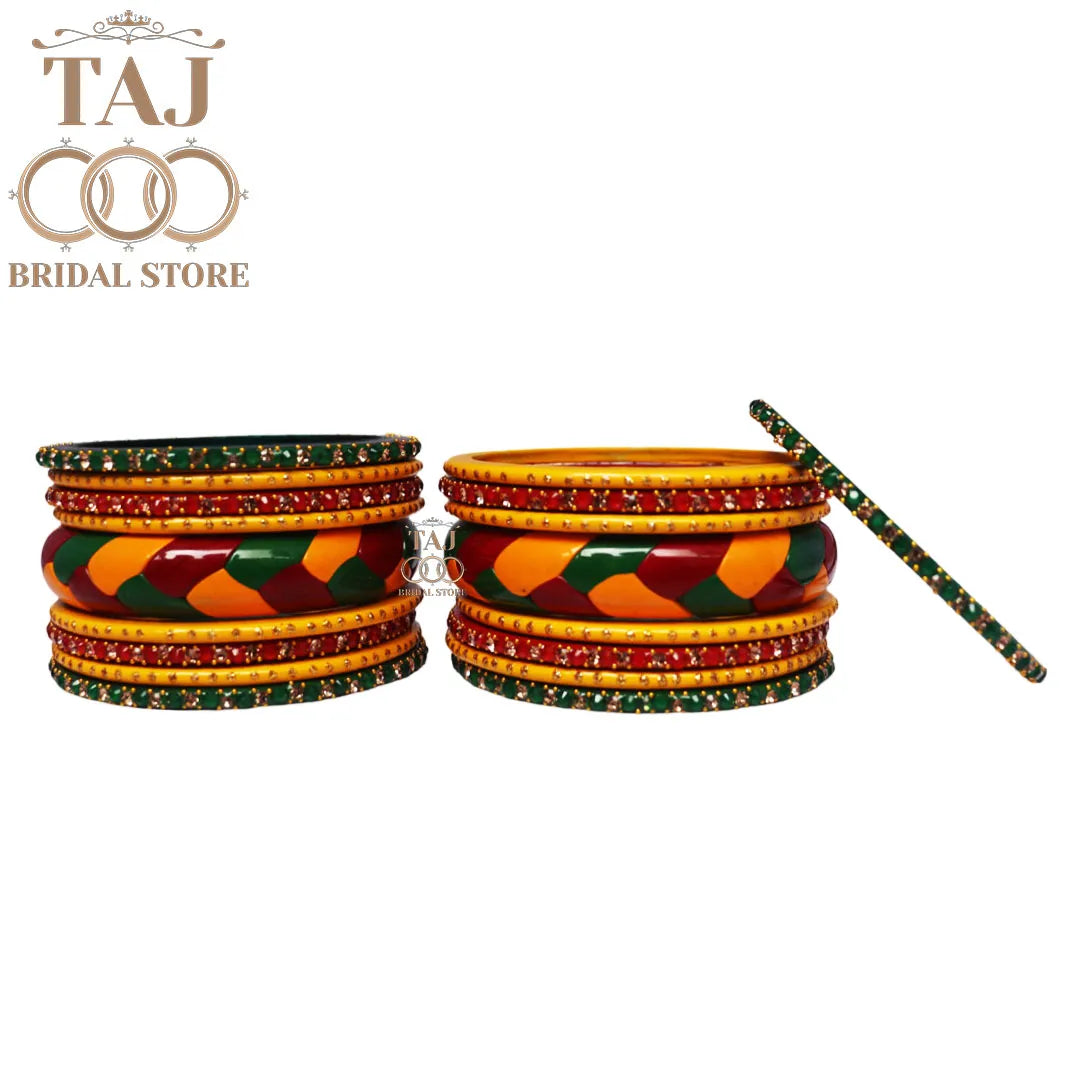 Vibrant Rajasthani Lac Bangles with Rhinestone Accents (Set of 18)