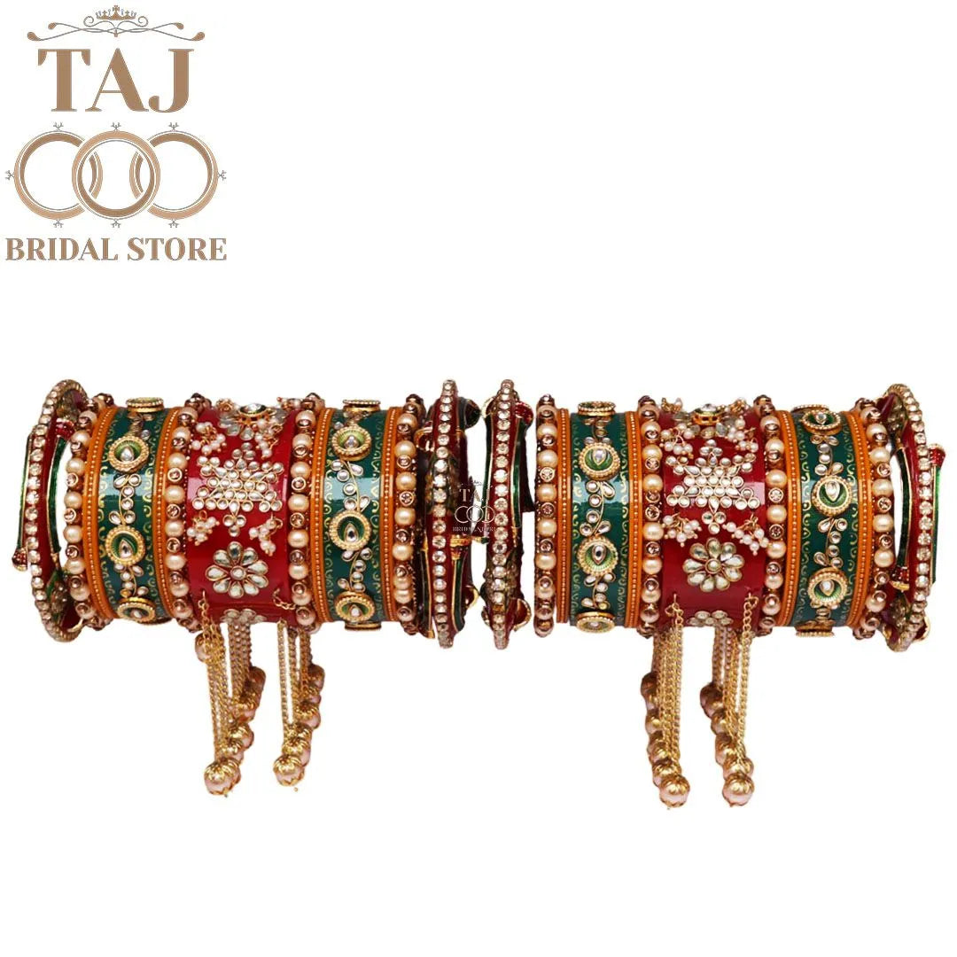Kundan Rajwadi Bangles Set With Beautiful Moti Latkan Design