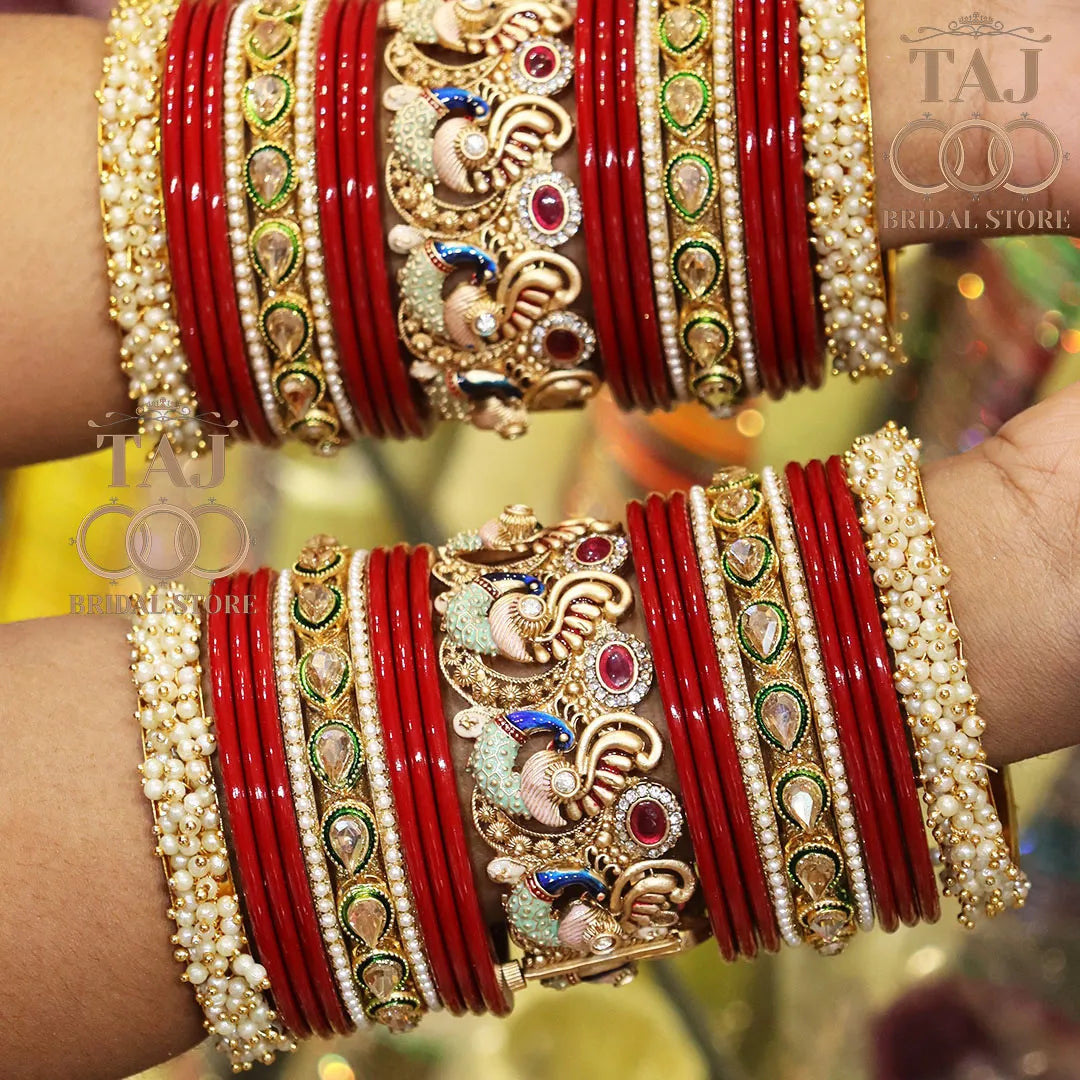 Rajasthani Traditional Bridal Chuda Set With Beautiful Peacock Design Brass Kada