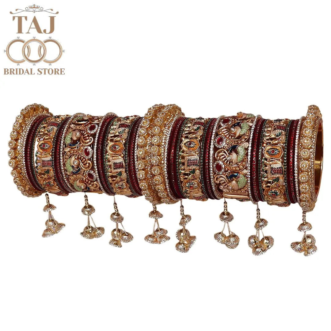 Luxurious Dulhan Bangles Set with Peacock-Elephant and Hanging Design