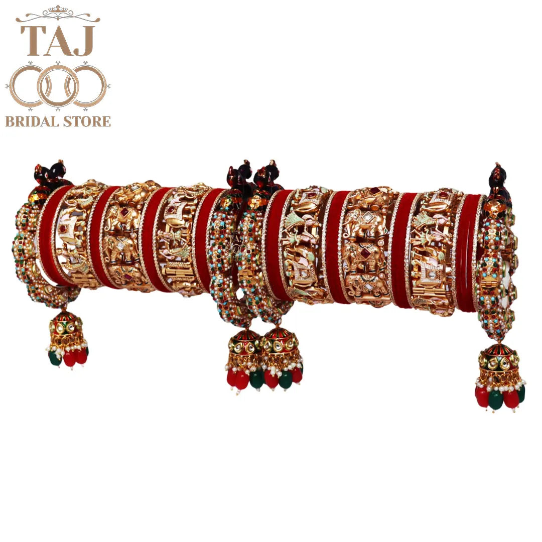 Premium Rajwadi Bridal Bangles Set with Elephant and Peacock Motifs