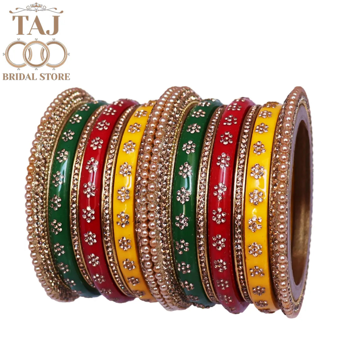 Handmade Rajasthani Lac Bangles Set in Latest Rhinestones Design