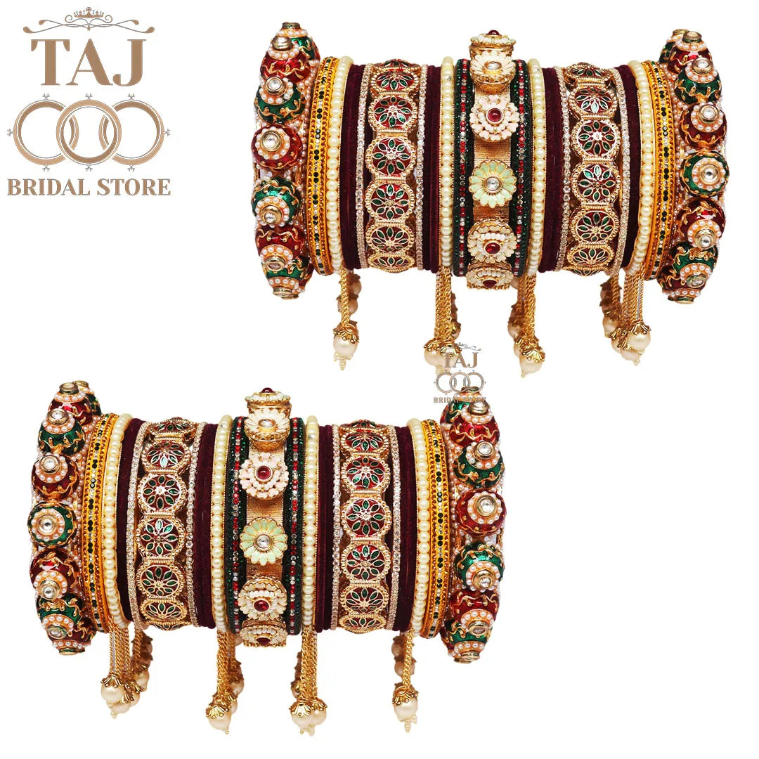 Royal Rajwadi Bridal Bangle Set with Floral Motifs and Moti Latkan