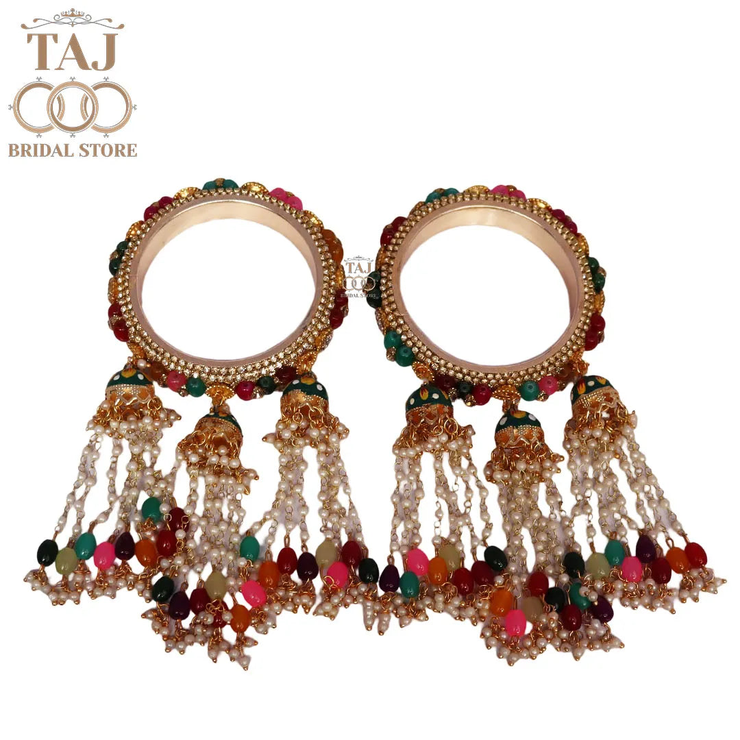 Rajwadi Style Gold Plated Bangles With Traditional Multicolor Hangings