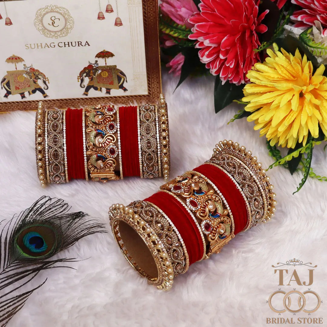 Premium Rajwadi Dulhan Bangle Set with Beautiful Peacock Motifs