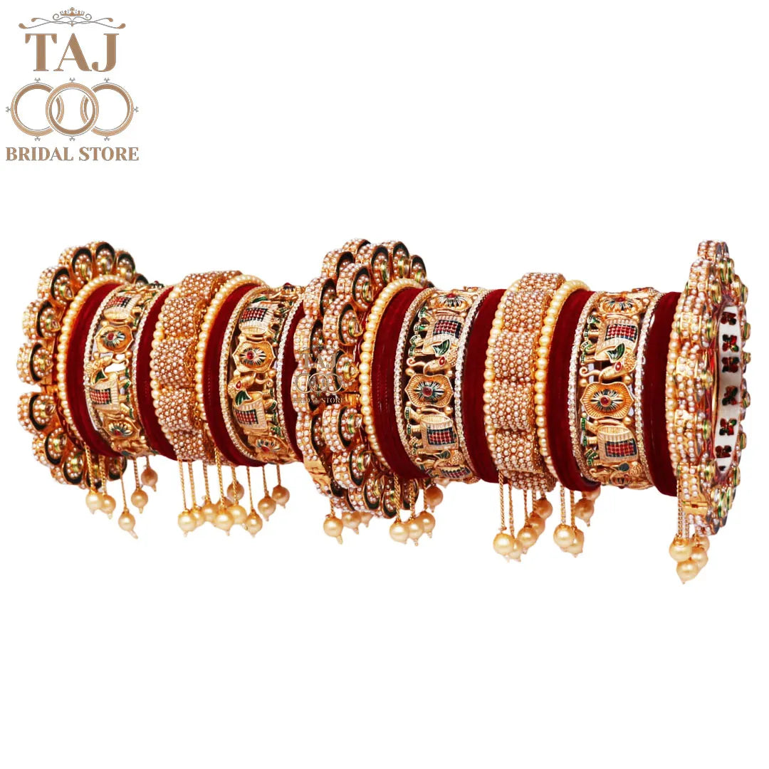 Premium Bridal Bangles Set with New Elephant & Pearls Hanging Design