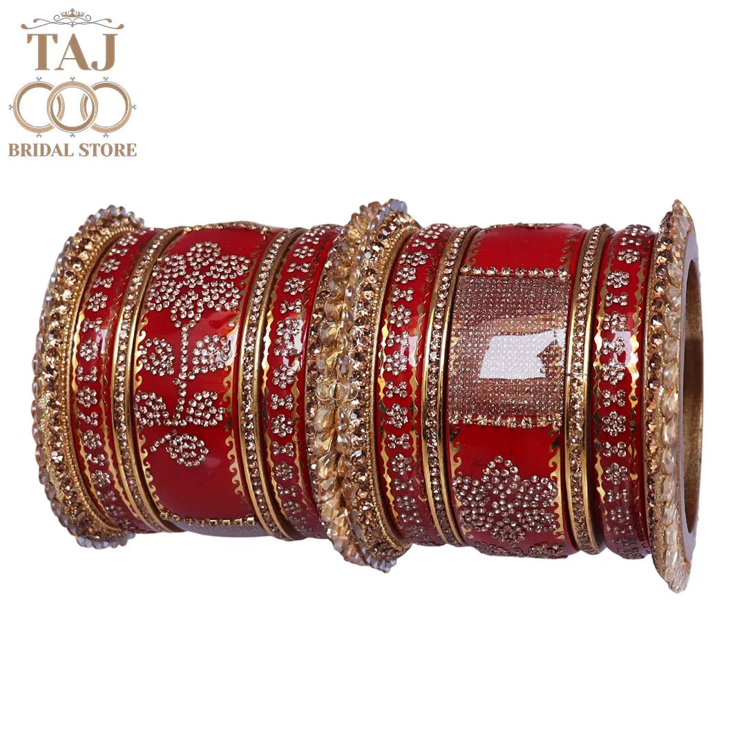 Traditional Lac Bangles Set with Latest Rhinestones Flower Design