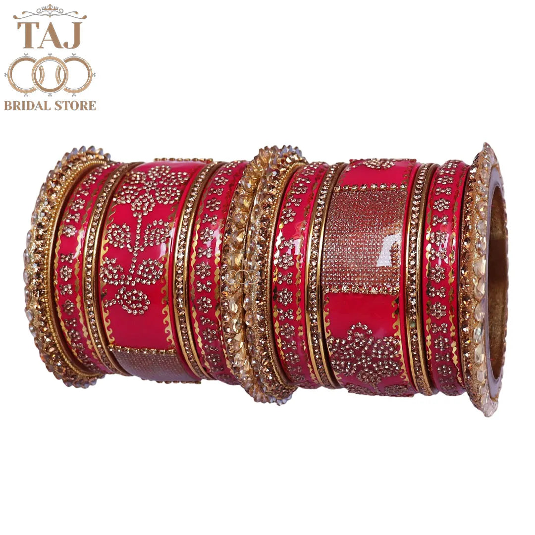 Traditional Lac Bangles Set with Latest Rhinestones Flower Design