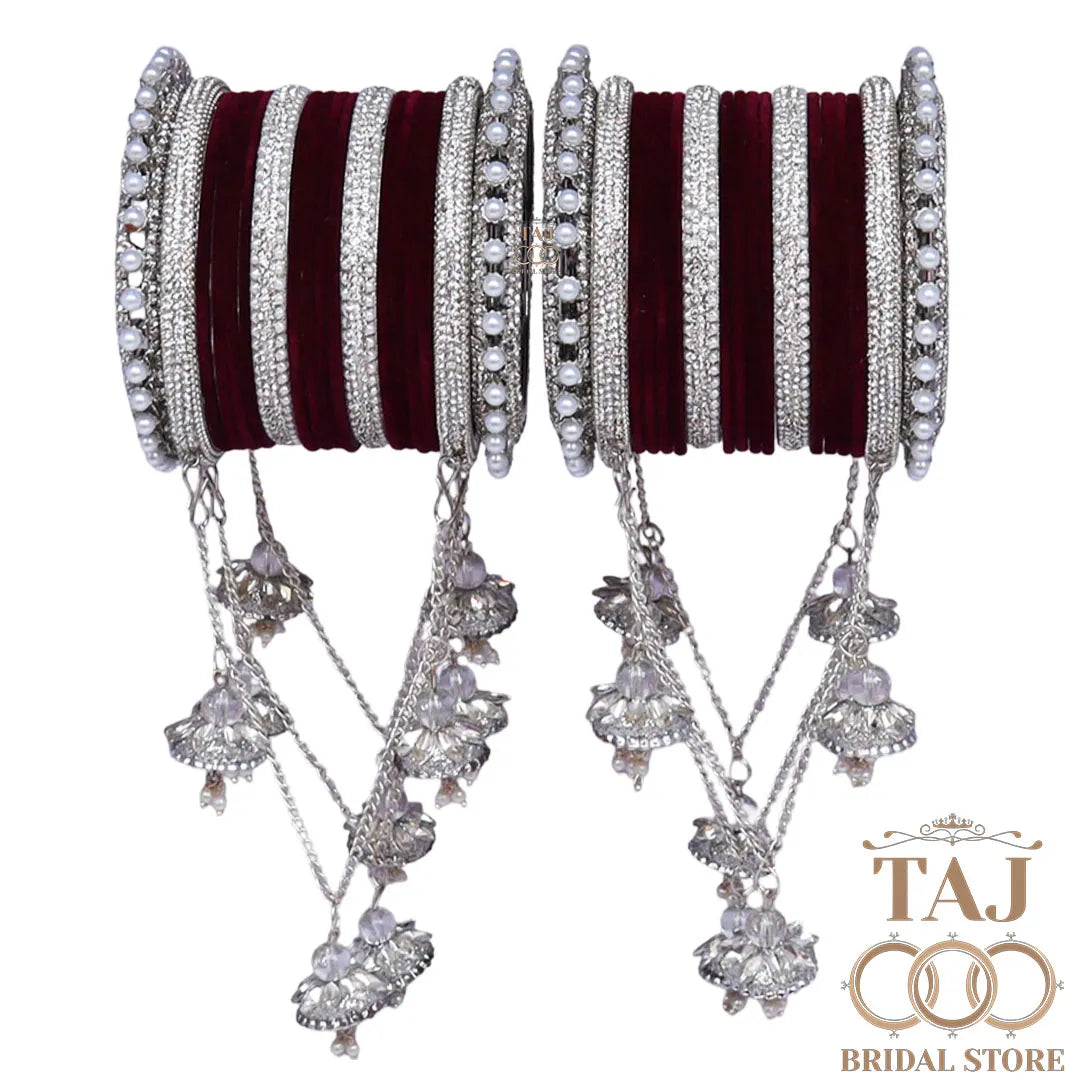 Designer Bridal Bangles Set With Beautiful Chain Latkan Design