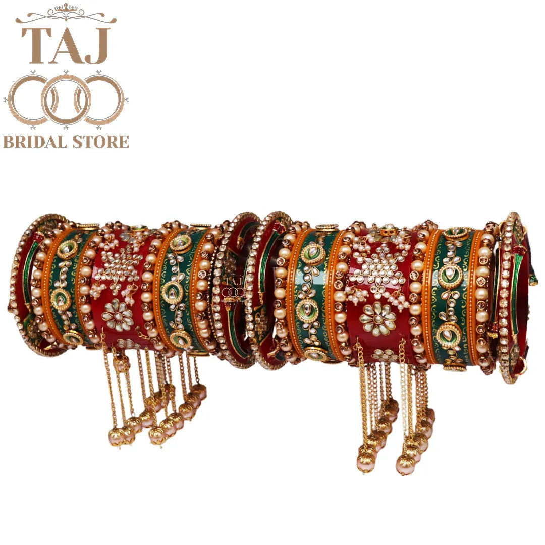 Kundan Rajwadi Bangles Set With Beautiful Moti Latkan Design