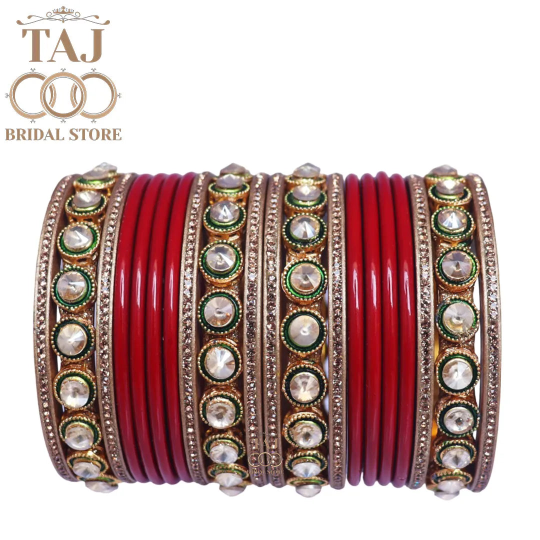 Rajasthani Lac Chura With Beautiful White Stone Work Metal Kada