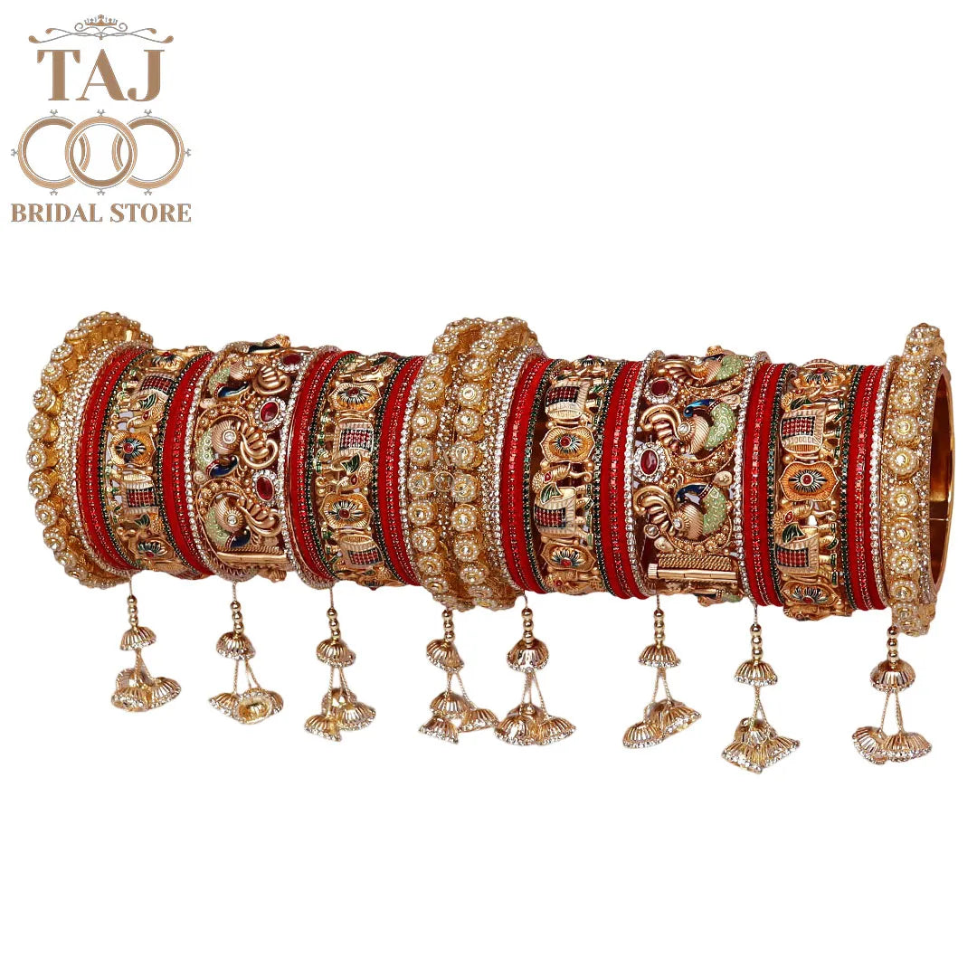 Luxurious Dulhan Bangles Set with Peacock-Elephant and Hanging Design