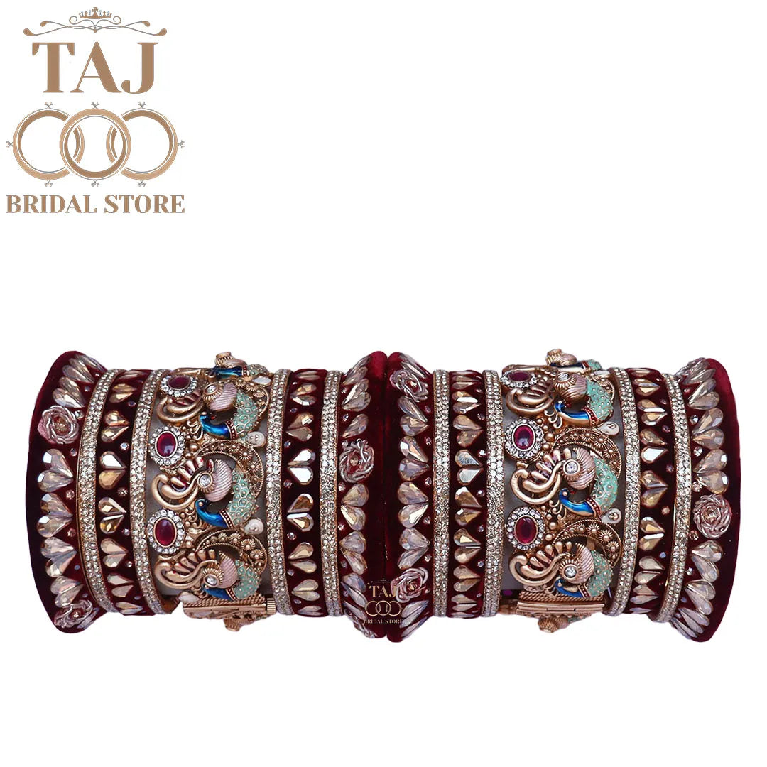 Metal Kundan Design Wedding Bangles Set With Beautiful Peacock Design Kada