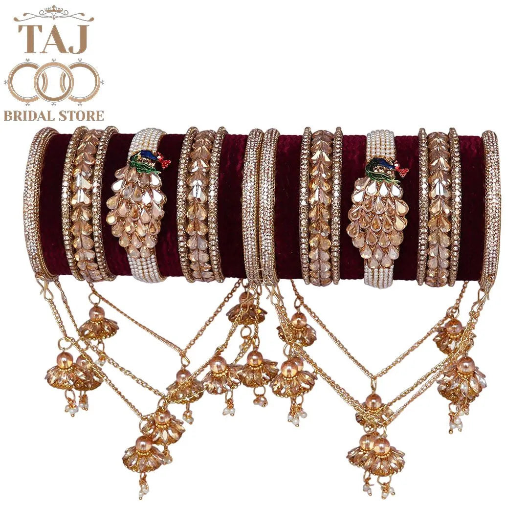 Metal Wedding Bangles Set With Beautiful Peacock Design Kada and Chain Latkan