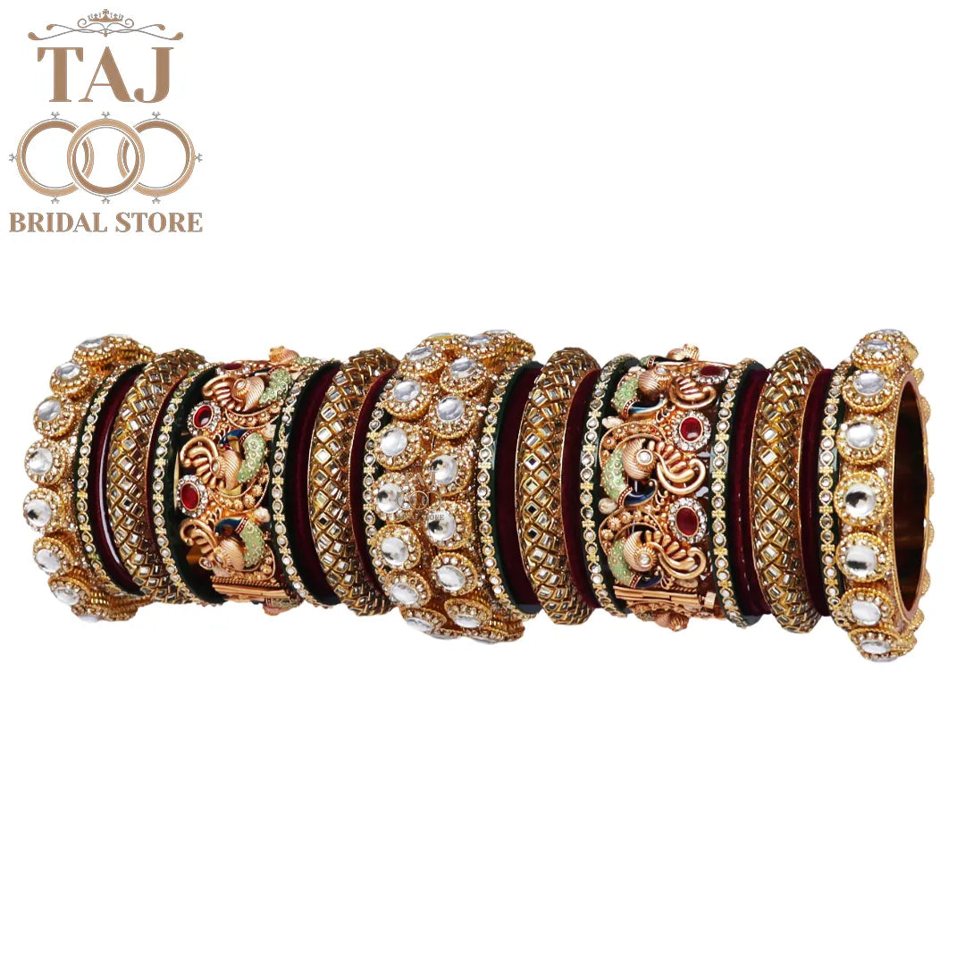 Rajwadi Style Bridal Bangle Set with Peacock Motifs and Velvet