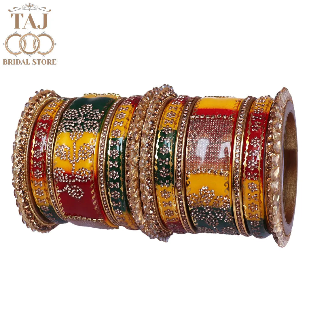 Traditional Lac Bangles Set with Latest Rhinestones Flower Design