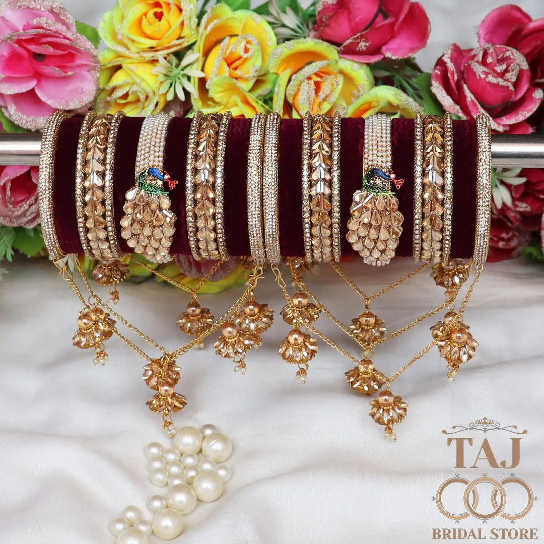 Metal Wedding Bangles Set With Beautiful Peacock Design Kada and Chain Latkan