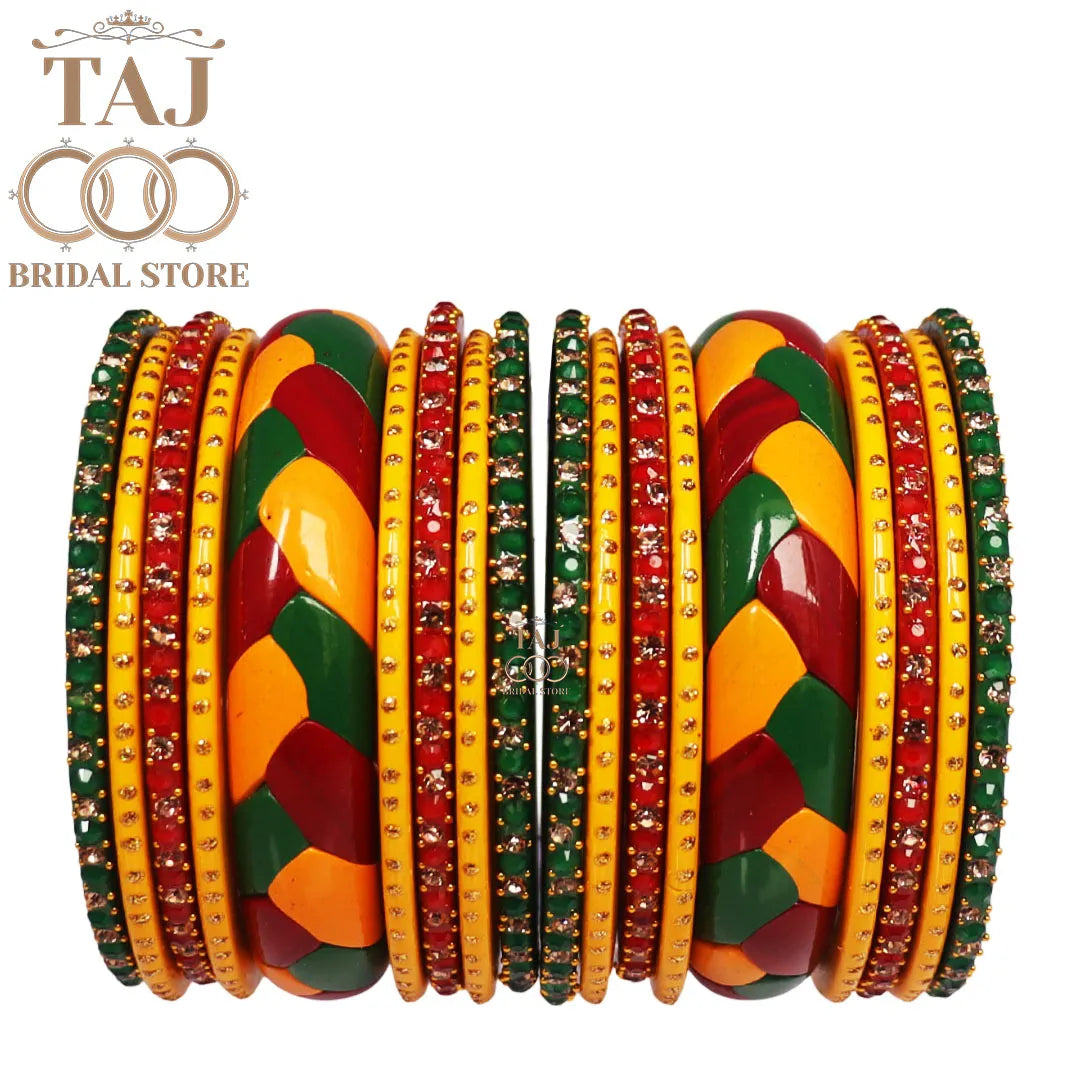 Vibrant Rajasthani Lac Bangles with Rhinestone Accents (Set of 18)