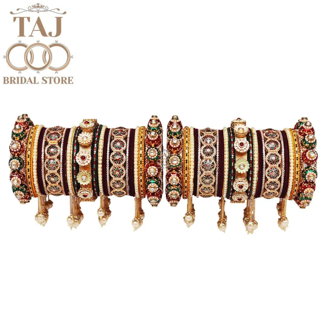 Royal Rajwadi Bridal Bangle Set with Floral Motifs and Moti Latkan