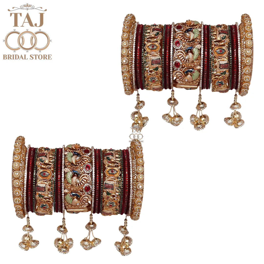 Luxurious Dulhan Bangles Set with Peacock-Elephant and Hanging Design