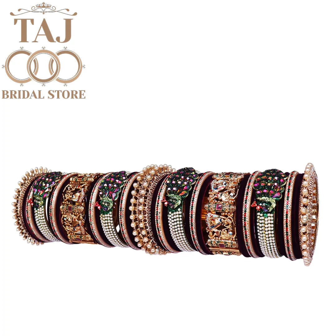 Rajwadi Wedding Chura Set With Beautiful Rainbow Colour Peacock Kada