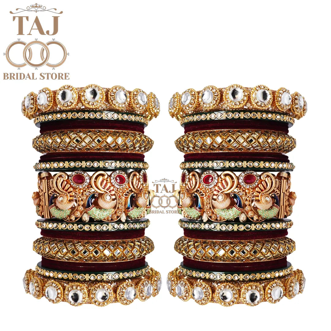 Rajwadi Style Bridal Bangle Set with Peacock Motifs and Velvet