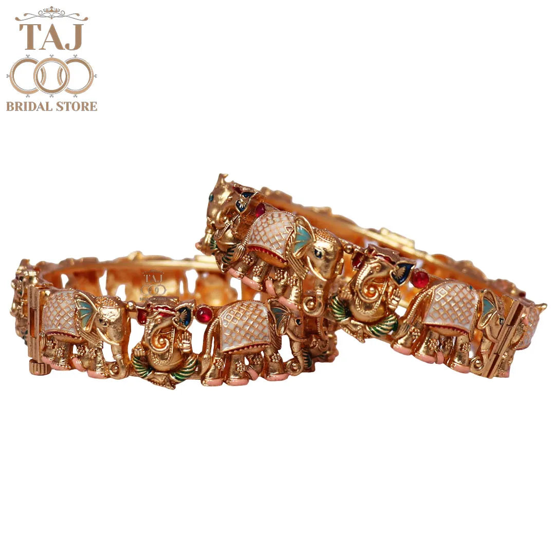 Gold Plated Rajwadi Kada Pair With Divine Ganesh and Elephant Motifs