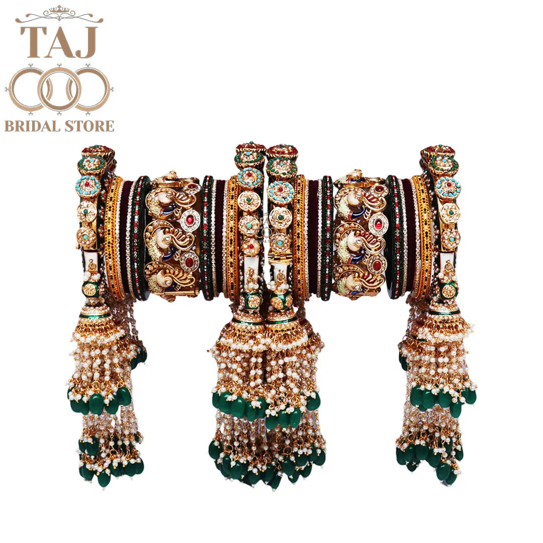 Royal Rajwadi Bridal Chooda Set with Peacock Motifs and Jhoomers
