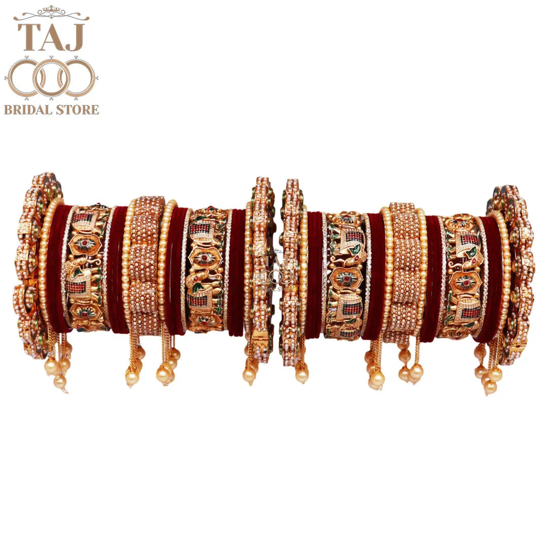 Premium Bridal Bangles Set with New Elephant & Pearls Hanging Design