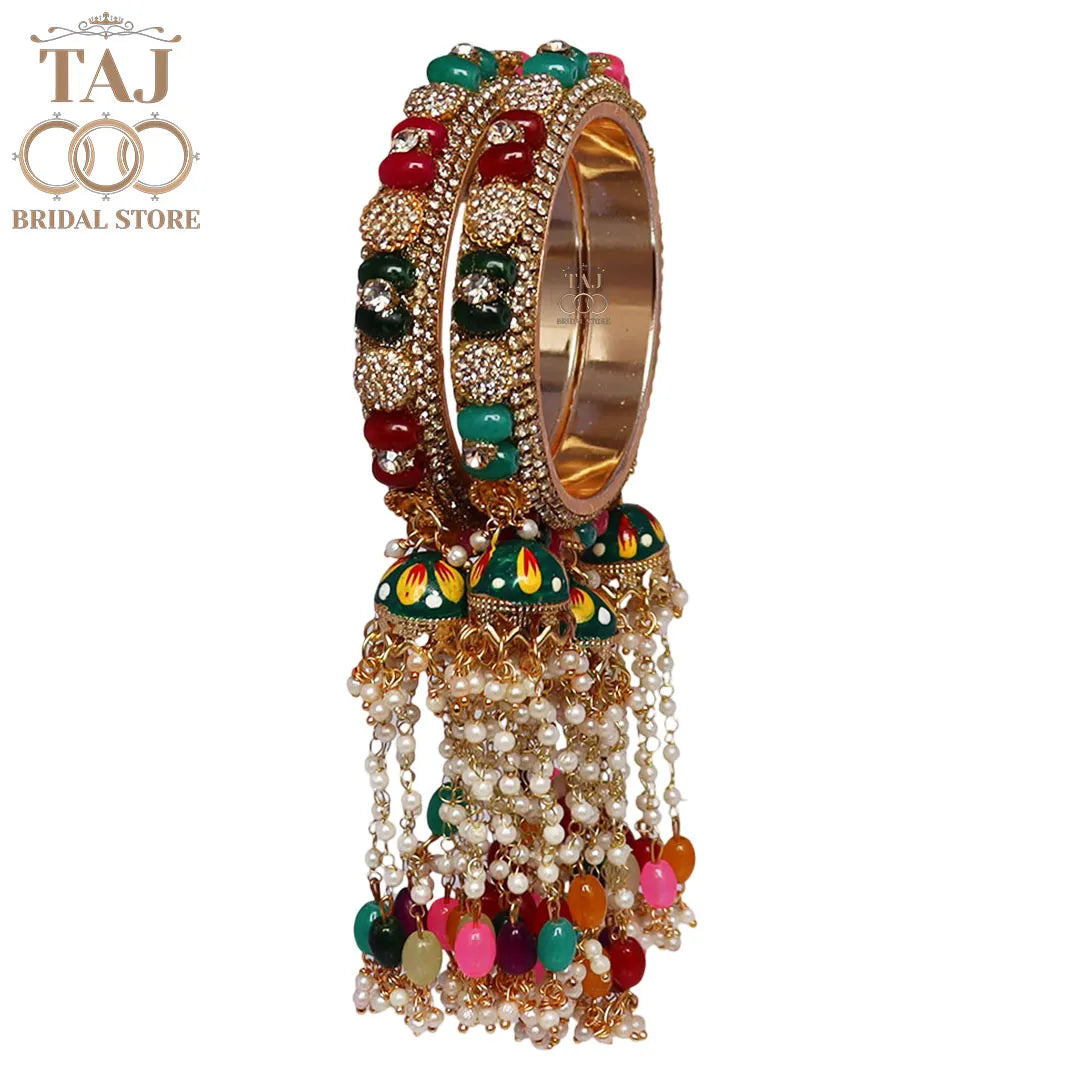 Rajwadi Style Gold Plated Bangles With Traditional Multicolor Hangings